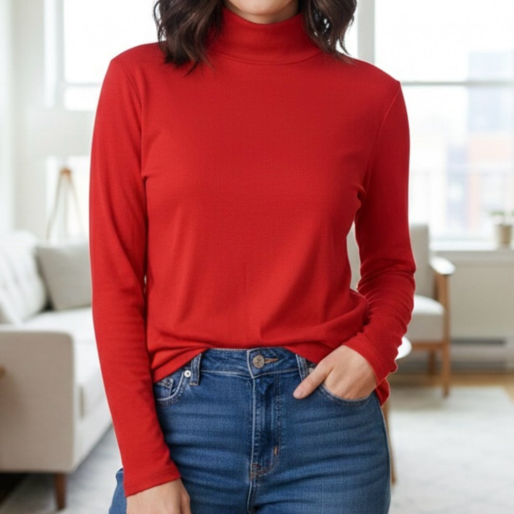 NWT Gagele Collection Cotton Blend Bright Red Mock Neck Turtleneck Top Blouse M
